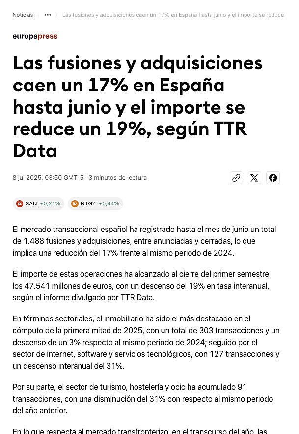 Las fusiones y adquisiciones caen un 17% en Espaa hasta junio y el importe se reduce un 19%, segn TTR Data